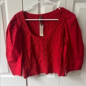 Anthropologie Red Puff Sleeve Smocked Blouse